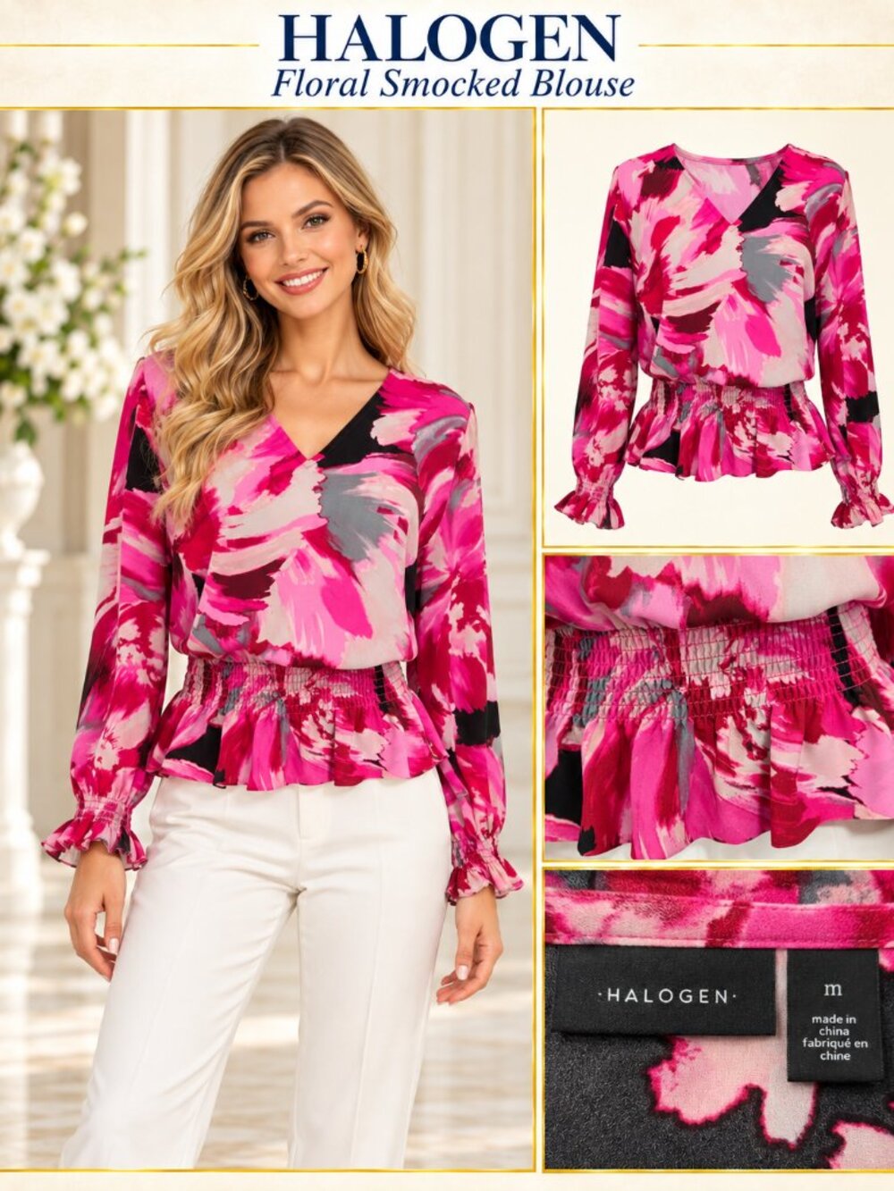 Halogen Medium Floral Blouse V-Neck Smocked Waist Ruffle Peplum Cuffs